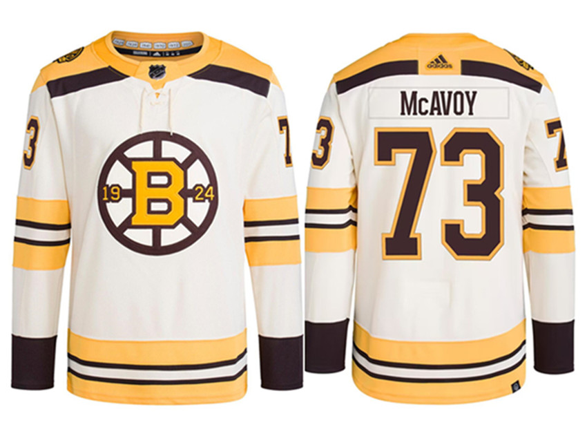 Men's Cream Boston Bruins #73 Charlie McAvoy 100th Anniversary Stitched Jersey
